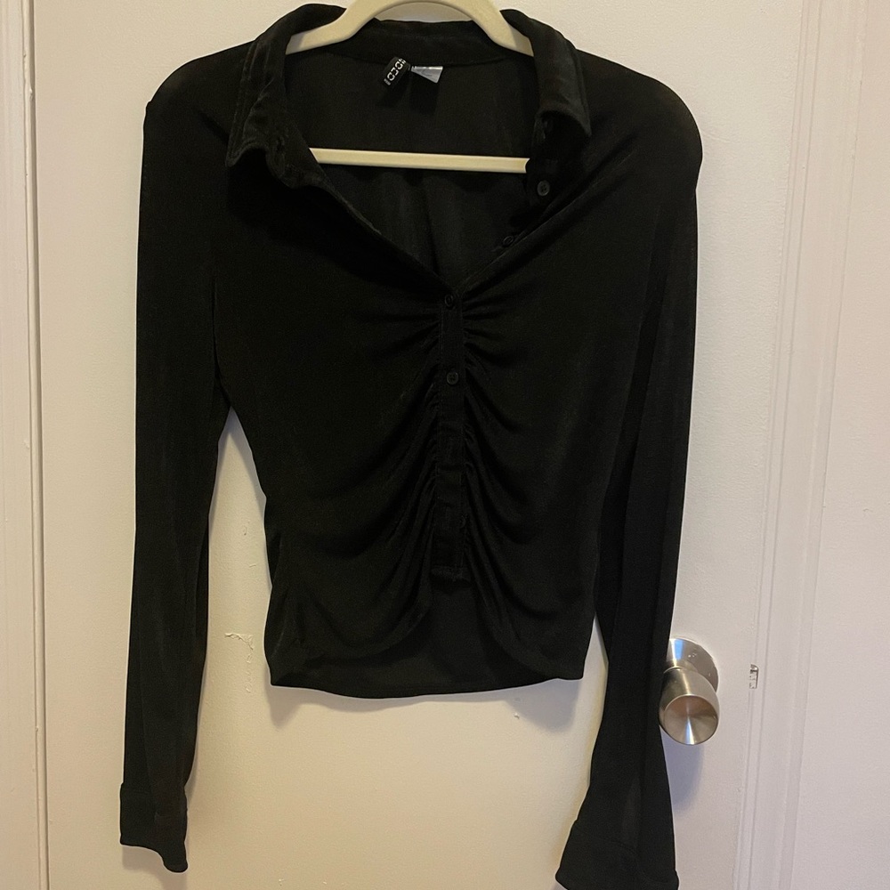 Black Ruched Button Up Shirt